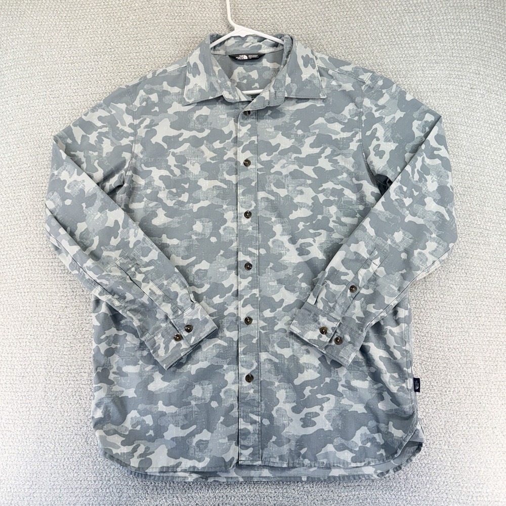 The North Face Button Up Shirt Mens Large Gray Camouflage L/S Outdoor Gorpcore